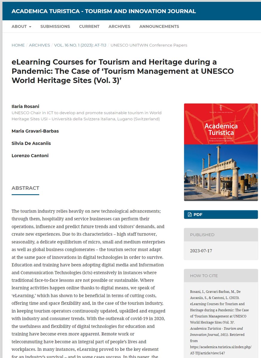 #eLearning Courses for #Tourism and #Heritage during a Pandemic: The Case of ‘Tourism Management at UNESCO World Heritage Sites (Vol. 3)’ by Ilaria Rosani, Maria Gravari-Barbas, <a href="/SilviaDeAscanis/">Silvia De Ascaniis</a> &amp; <a href="/lorenzocantoni/">Lorenzo Cantoni</a> 
academica.turistica.si/index.php/AT-T… 
<a href="/IRESTParis1/">IREST - Paris 1</a> <a href="/si_upr/">University of Primorska / Univerza na Primorskem</a> <a href="/UNESCO_ch/">UNESCO Switzerland🇨🇭</a>