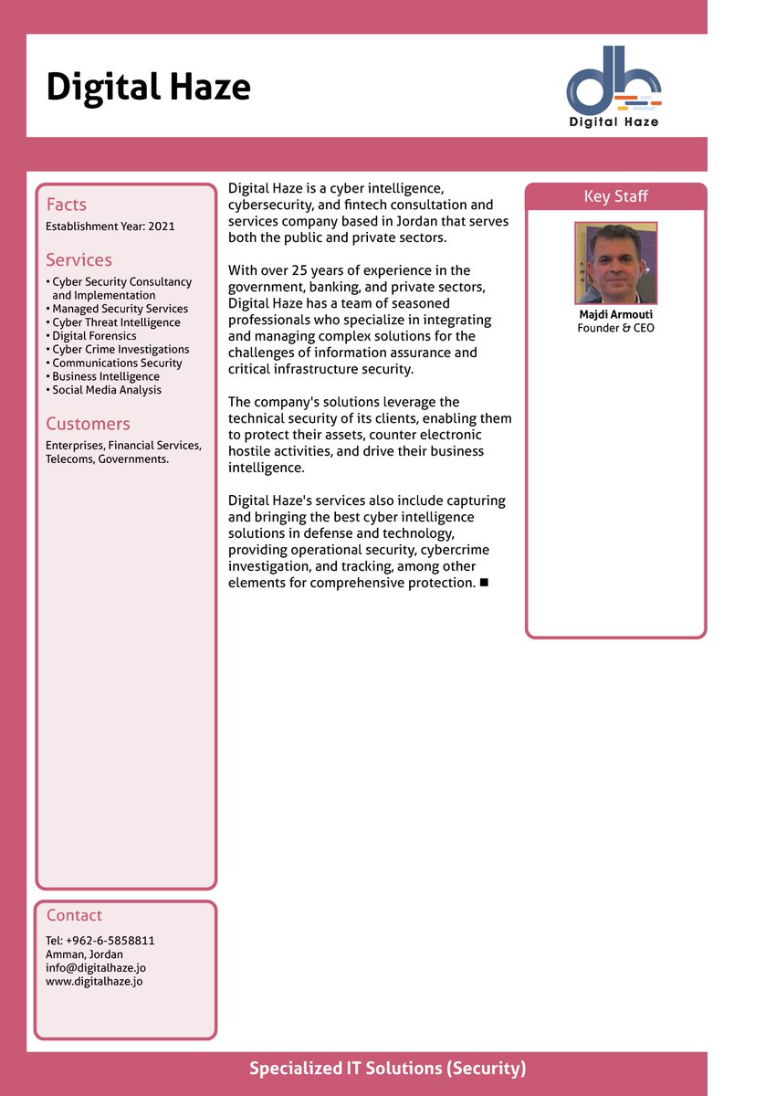 MediaScopeLLC's tweet photo. Read the #Digital_haze profile in "Who's Who in Jordan's ICT" 2023, published by MediaScope.
Online profile: https://t.co/adIyHpK3KO
Download complete directory (PDF): https://t.co/DL1MLXKY2d https://t.co/M5jfbiqLG4