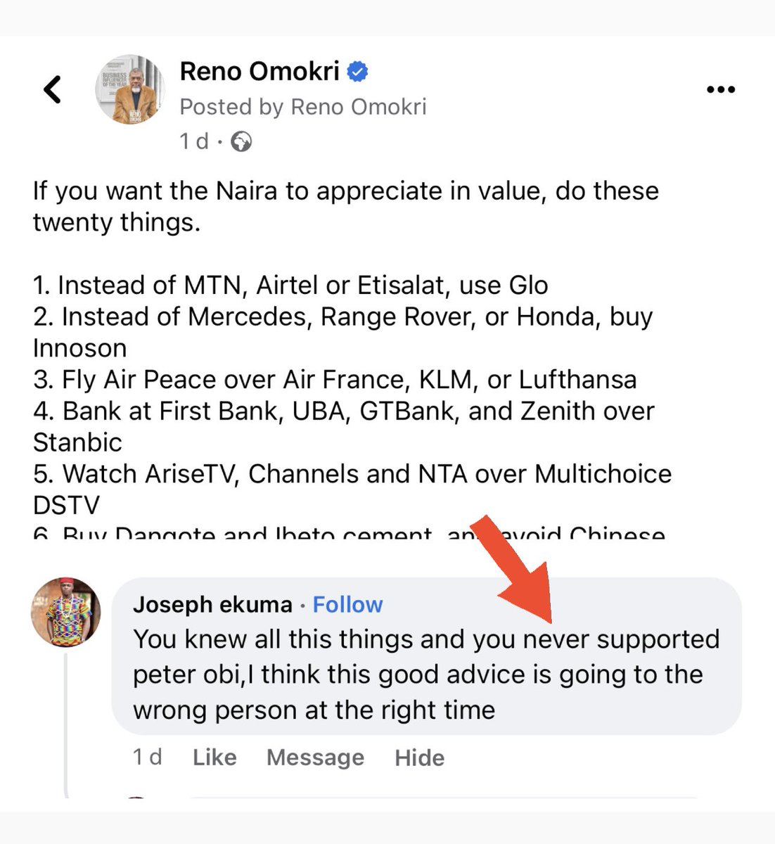 renoomokri's tweet photo. Dear Joseph,

Thank you for your feedback. 

I supported Waziri Atiku Abubakar and rejected Peter Obi, which is my democratic choice. It does not make me evil. And supporting Peter Obi does not make you good. 

I had cause to tell Peter privately, both verbally and in writing, that if he ran, he would not win, and the effect of his running would be to weaken the PDP and make it possible for the APC to win by default. 

Besides, when you are not blinded by ethnic sentiments, it becomes clear to see, that, like I said during the campaign, Peter Obi is the least qualified of the major Presidential candidates. 

In terms of education, Peter Obi is at the bottom of the barrel, with his second-class degree in Philosophy. You can’t compare him to a PhD in Water Engineering (Kwankwaso), a Master's with Distinction in International Relations (Atiku) and a BSc in Accounting (Tinubu). Joseph, have the fear of God and answer this question-am I lying?

In terms of achievements in office, as vice President, Waziri Atiku led the National Economic Council, which paid off our entire foreign debt to the Bretton Woods institution and gave us a 7% GDP consistent annual growth rate. As Governor, Tinuhu built new cities from scratch, ports, rail infrastructure, roads, hospitals l, industries, independent power stations, paid civil servants, and mentored men like Osinbajo, Fashola, Aregbesola, Fayemi, Akabueze and co, who are now movers and shakers. He also increased Lagos's internally generated revenue by 360%.

In contrast, when asked about his flagship achievement in office, Peter Obi pointed to a brewery, which has been proven to be a loss-making enterprise. Although he invested in schools already built, for which I applaud him, he did not build a single new school. 

Furthermore, as Governor of Anambra, Peter saved the equivalent of $50 million of Anambra state money in banks in which he had a personal interest, including Fidelity Bank, to be precise. A bank in which he had significant interests. A bank where he was a former chairman.

In a year, that money will yield at least $5 million when invested in the S&P 500 (likely more). Much of that $5 million annual yield would be Peter Obi's PERSONAL profit. And that is every year. So, imagine how much money Peter Obi personally made in eight years as a Governor from the conflict of interest in investing state funds in his private bank. No wonder he boasted of being richer than President Biden! 

And then you guys are here, pillorying Tinubu for benefitting from Lagos money through Alphabeta. That is even better than what Peter Obi did. Alphabeta gave valuable service. Peter Obi did not attempt to cover his. It was blatant! 

But the reason your comment is especially contrarian is because Peter Obi is the single largest individual importer of foreign goods into Nigeria. How can I be promoting made-in-Nigeria and supporting a babanla importer?

Thanks again, and may God bless you. 

#TableShaker