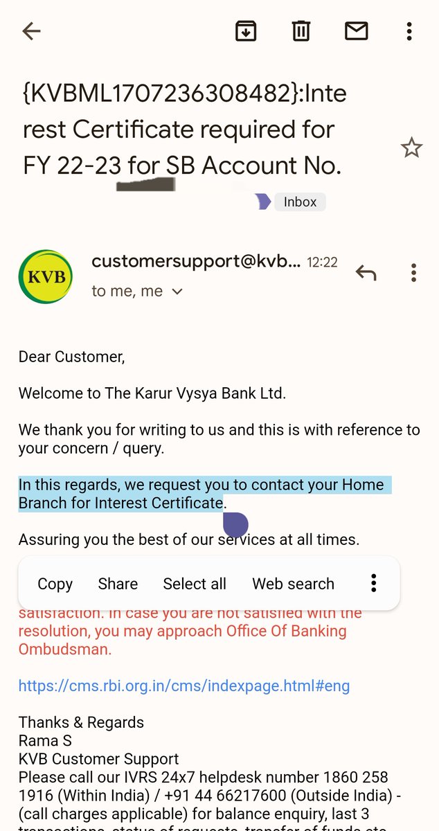 @KarurVysyaBank_ 
The Service of KVB is sooo pathetic..
Der is no link in Net Banking for Int. Certificate + When v ask from Customer Support, Dey redirect to Home Branch + Home Br. doesn't revert..
#KVB #KarurVysyaBank #SmartWayToBank #PrestigeSavingsAccount