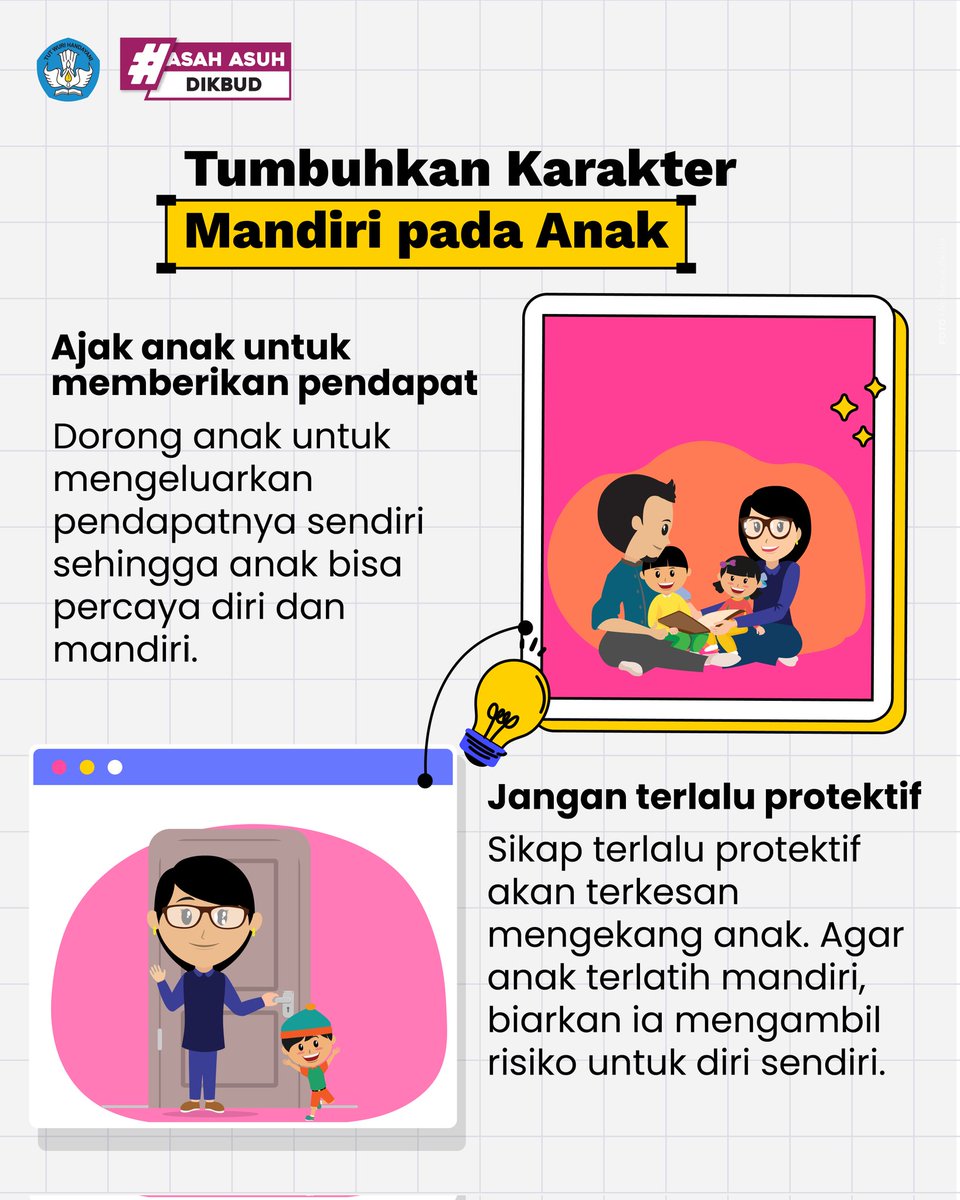 Kemdikdasmen's tweet photo. Ibu dan Ayah, mendidik anak untuk belajar mandiri dapat dilakukan sejak dini. Dalam proses menuju kemandirian, anak akan belajar menghadapi berbagai situasi dan kondisi lingkungan sampai ia mampu berdiri sendiri dan tidak tergantung pada orang lain. Anak yang mandiri berarti bertanggung jawab, kreatif, serta tidak bergantung sepenuhnya pada orang tua. 

Simak tipnya, yuk! Ibu dan Ayah juga bisa membagikan tip lainnya, lo.

#MerdekaBelajar #AsahAsuhDikbud
#HariAnakNasional2023