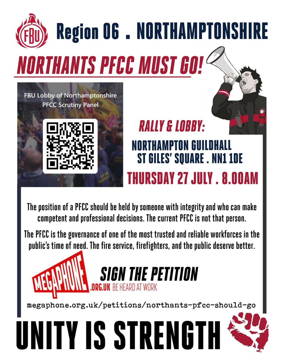 🚨🚨 All East Midlands FBU members 

Come along, show your support to <a href="/NorthantsFBU/">FBU Northamptonshire</a> who have endured appalling mistake after mistake by the <a href="/NorthantsOPFCC/">NorthantsOPFCC</a> Stephen Mold. 

Time he goes. 

#StopTheRotRemoveTheMold