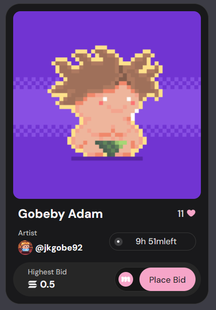 Good evening 🌄🩷
10 hours left and the highest bid is 0.5 SOL for Gobaby Adam. Enjoy!

Thank you everyone for liking / RT🤟💕

Link : mallow.art/artwork/nAZHEB…

#SOL  #Solana #pixelart