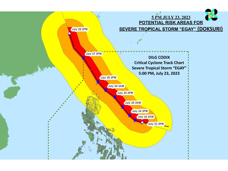 DILG_CODIX's tweet photo. Critical Cyclone Track Chart for STS #EgayPH as of 5:00 PM  23 July 2023  #EgayPH #MagingLISTO #DisasterPreparedness

@DILGPhilippines

@NDRRMC_OpCen

@dost_pagasa

@civildefensePH

#LISTO        
 Also follow us on FB: https://t.co/3HDTDhEL0M https://t.co/awRg1S47wo