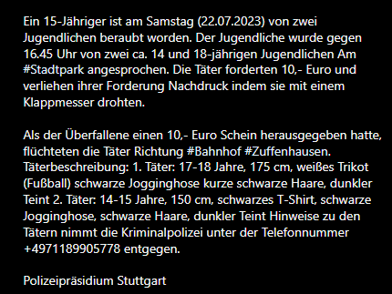 kesselblaulicht's tweet photo. Für 10 Euro bereit einen Menschen abzustechen, was läuft falsch im #Problembezirk #Zuffenhausen?
#RegioNews #News #Zuffenhausen #Stuttgart #Bahnhof
Ein 15-Jähriger ist am Samstag (22.07.2023) von zwei Jugendlichen beraubt worden. https://t.co/ojFHU3gDAt