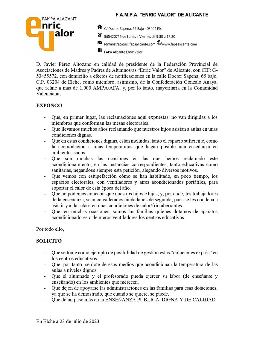 Desde FAMPA Enric Valor denunciamos públicamente la situación que estamos viviendo en las aulas de los centros escolares, en comparación con el dispositivo que sí ha sido posible organizar para las elecciones generales celebradas hoy.