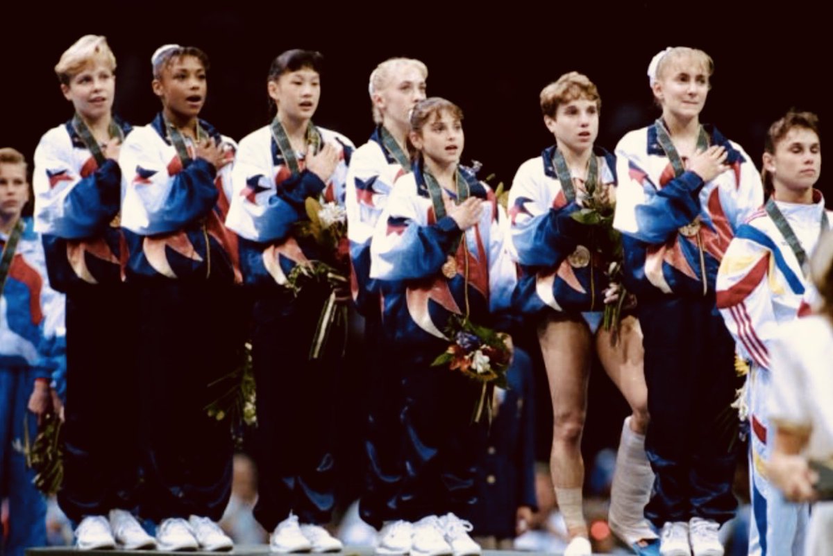 Dmoceanu's tweet photo. Happy 2️⃣7️⃣th Anniversary to the Magnificent Seven 🇺🇸 This team changed the landscape of U.S. #gymnastics forever. 
🥇🥇🥇🥇🥇🥇🥇 What are your most fond #Mag7 memories?
#OnThisDay @NBCOlympics @TeamUSA @USAGym https://t.co/99mwwGi31J