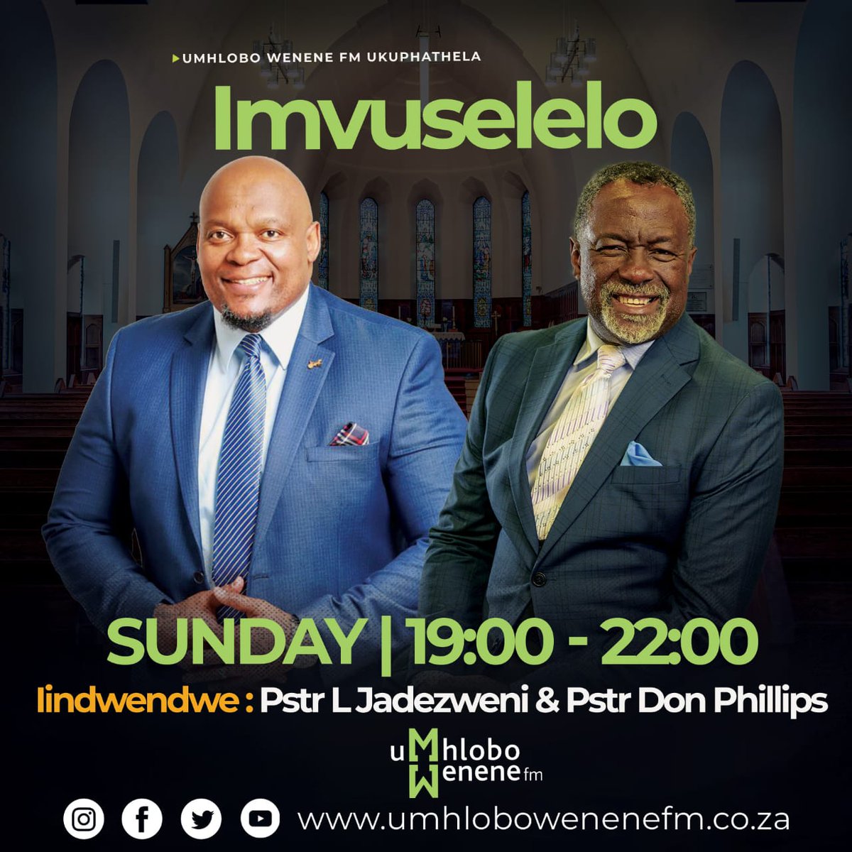 Catch me with Ps Don Phillips  live on UMhlobo Wenene FM  📻 at 7pm tonight.  We will about talking about Leadership and Moral Regeneration in our society and country.🙏🏾 🙌🏾 

#WhenLeadersLead #MoralRegeneration #Radio #UmhloboWenene