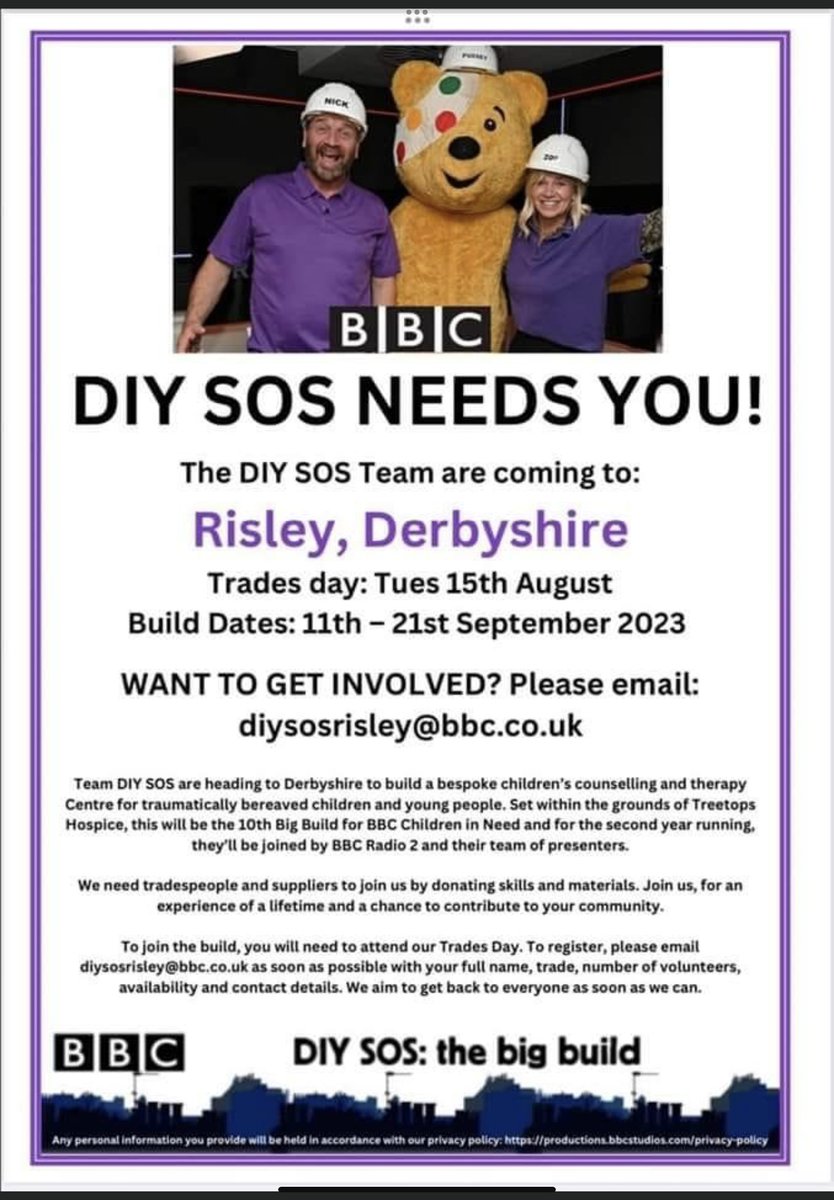 DIY SOS is coming to Risley to work at Treetops, can you help?