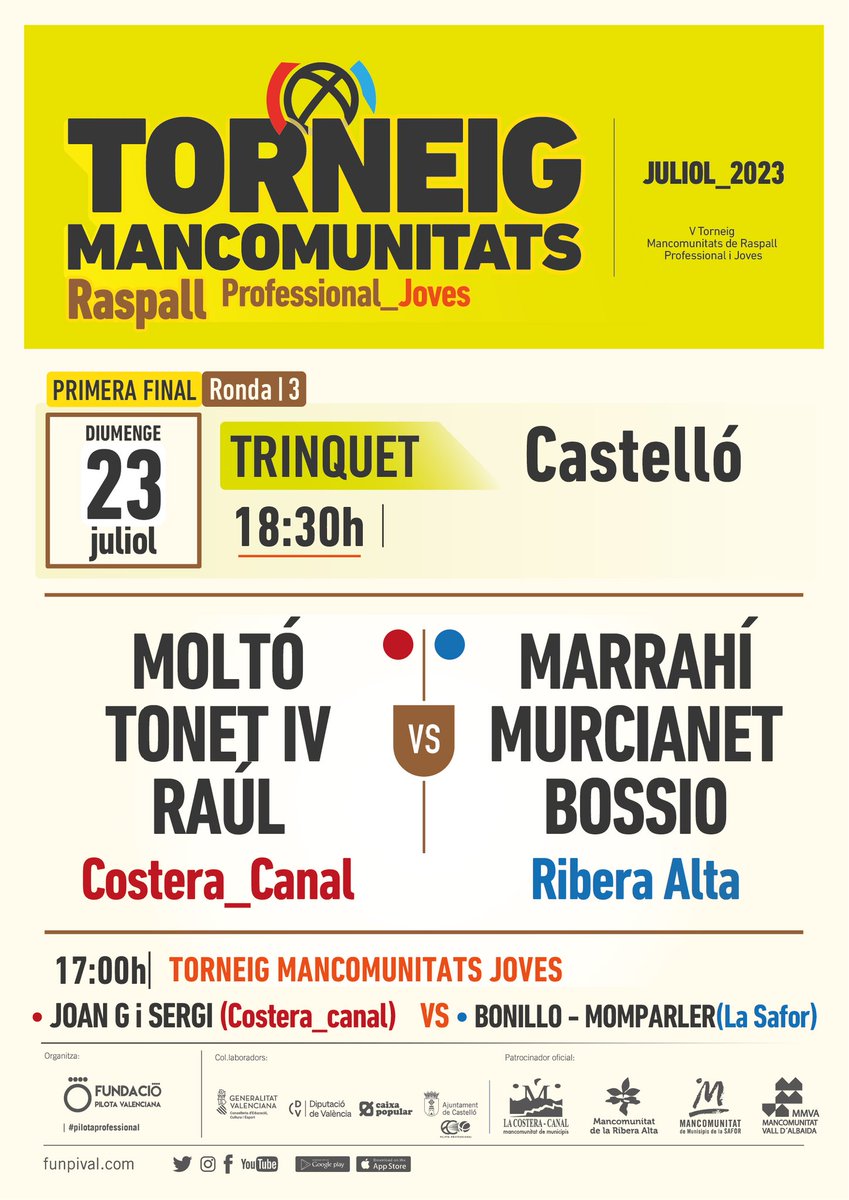 📢 Bon dia! Hui viurem l'últim duel de la ronda classificatòria del V Torneig Mancomunitats de raspall!

📍 <a href="/CastelloAjunt/">Ajuntament de Castelló</a>

⏰ 17.00 H ➡️ Joves

⏰ 18.30H 📺 <a href="/Proximiatv/">Proximia</a> 

🔴 <a href="/MancoCostera/">Mancomunitat La Costera-Canal</a> Moltó, Tonet IV i Raúl
🔵 <a href="/mancoriberaalta/">Mancom. Ribera Alta</a> Marrahí, Murcianet i Bossio

#pilotaprofessional