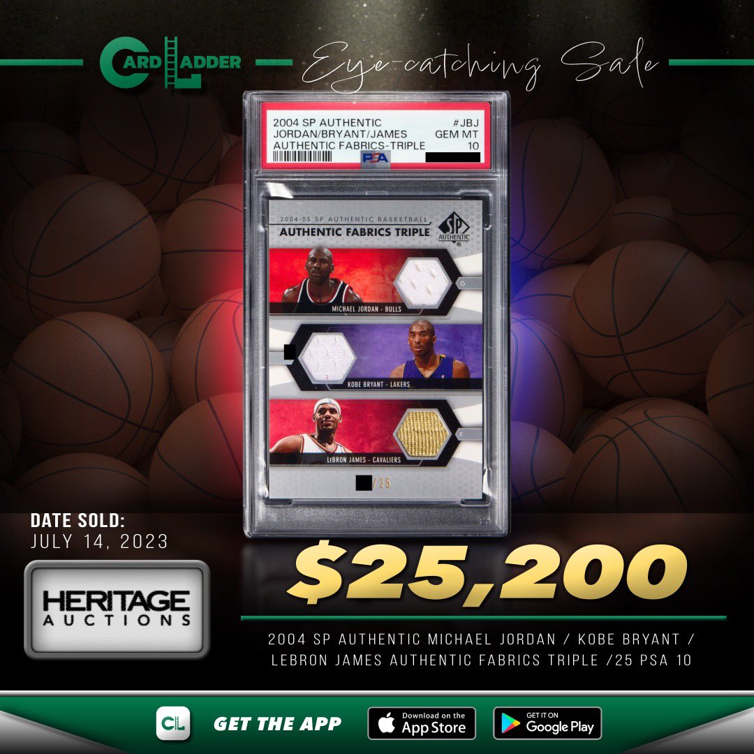 :// Generate —> #CardLadder #EyeCatchingSale

Eye-catching Sale: The 2004 SP Authentic Michael Jordan / Kobe Bryant / LeBron James sold for $25,200.00 via auction with Heritage Auctions on July 14, 2023.

https://t.co/Hm3UflZCyb

#TheHobby #SportsCards #WhoDoYouCollect https://t.co/9Y6USFDV1F