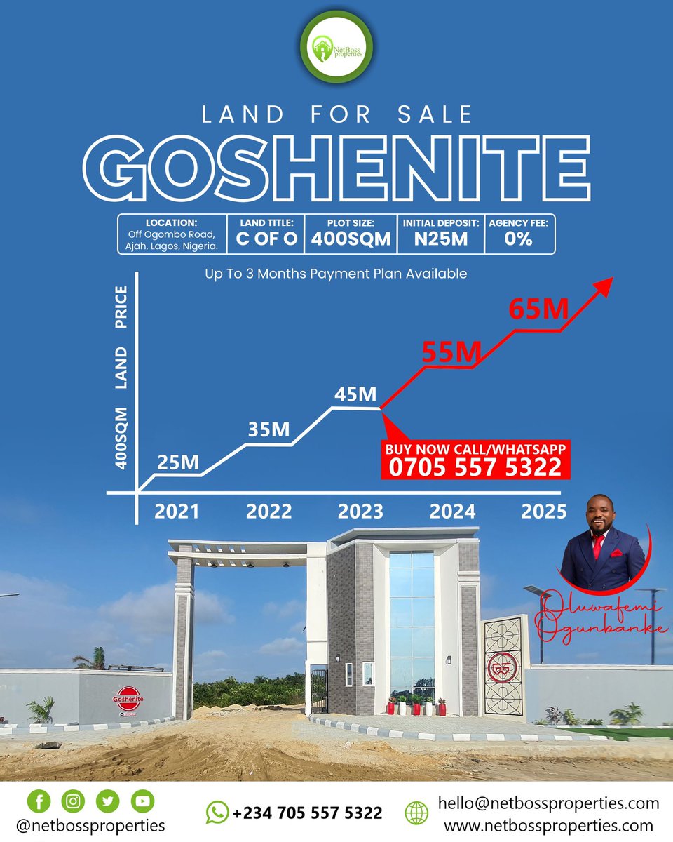 Netbossproperty's tweet image. #LagosLandForSale 

𝗟𝗼𝗰𝗮𝘁𝗶𝗼𝗻:
Okun-Ajah, Off Ogombo Road, #Ajah, #Lekki, #Lagos.

𝗟𝗮𝗻𝗱 #𝗧𝗶𝘁𝗹𝗲:
Government Allocation/CofO

𝗟𝗮𝗻𝗱 𝗦𝗶𝘇𝗲 &amp;amp; #𝗣𝗿𝗶𝗰𝗲:
400sqms : N45M

𝗙𝗼𝗿 𝗣𝗹𝗼𝘁 𝗥𝗲𝘀𝗲𝗿𝘃𝗮𝘁𝗶𝗼𝗻/ 𝗦𝗶𝘁𝗲 𝗩𝗶𝘀𝗶𝘁𝘀:
#Call/#Whatsapp 07055575322