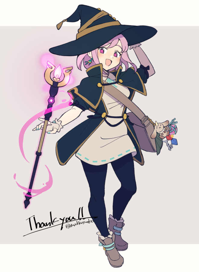 1girl hat witch hat solo pink hair staff open mouth  illustration images
