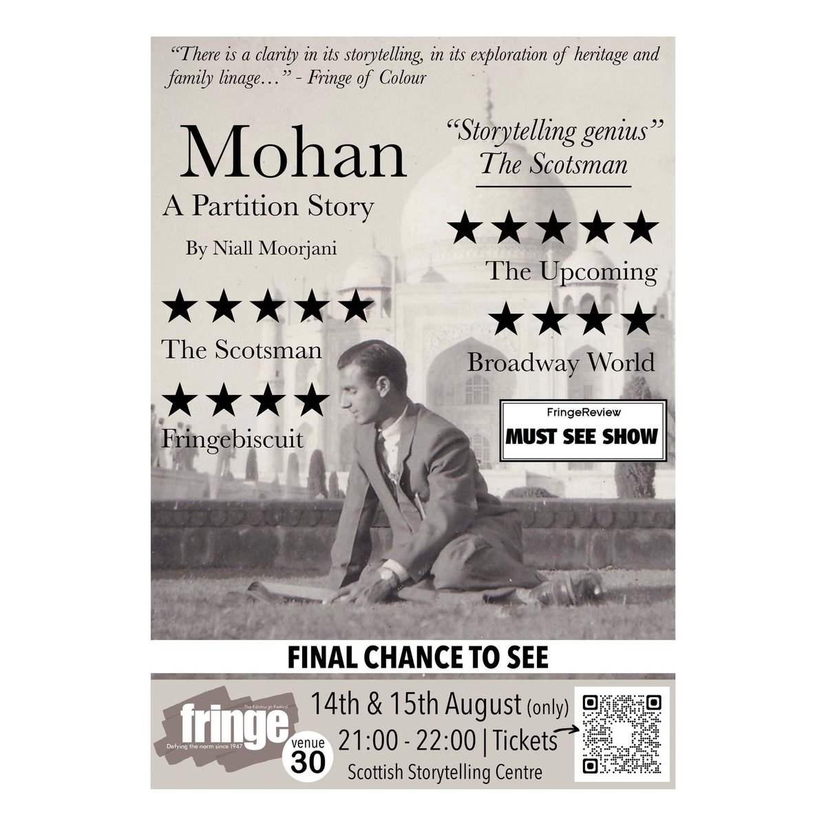 Today’s @edfringe poster reveal for Mohan.
Can’t wait to finish where it began @ScotStoryCentre 

Tickets for these shows really are going both will sell out 

Please spread the word and see you all there xxx

@SanjayLago @MukherjeeDibyo @TheScotsman