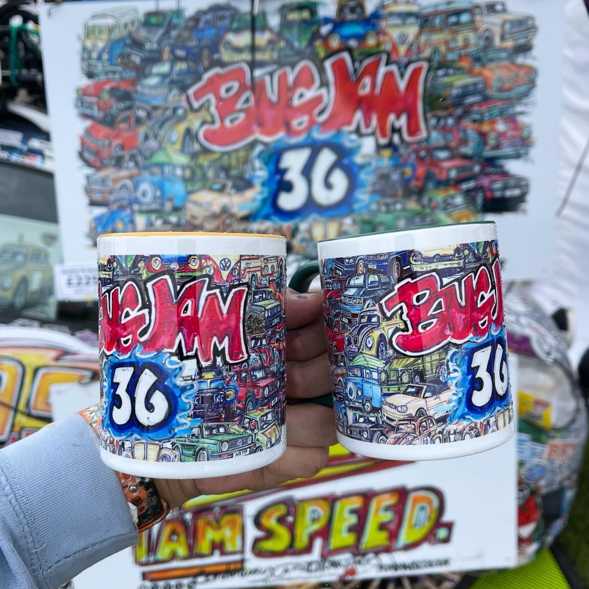 Popbangcolour's tweet photo. The last day of #BugJam @SantaPodRaceway is underway today!

Come say hi &amp; buy #ContinuousCar merch only a couple of mugs left - and they’re waving at the camera. 📸🚗💨

#BugJam36 #SantaPod https://t.co/iUIduP3rxg