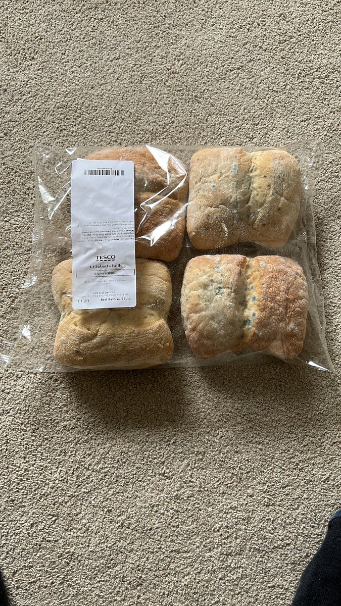 SimonFsg's tweet photo. Hi @Tesco these came on our Friday (21st) shop. Noticed this morning they had gone mouldy and the use by was the 21st. I’m not wanting a refund because this has happened FIVE TIMES NOW!!! I think I’ll be trying another supermarket. https://t.co/7d5Th2Ezfr