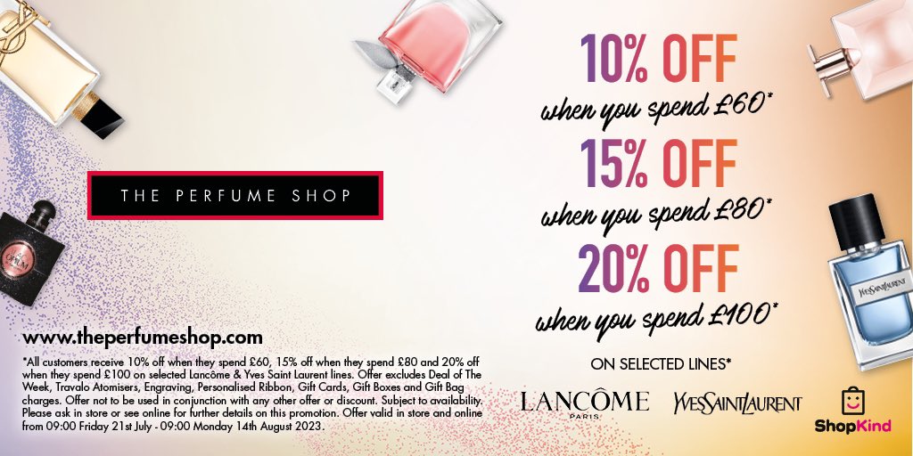 Enjoy up to 20% off £100 with our staggered discounts on selected lines. Visit us in store today. #LPA2023 #theperfumeshop #tpssc