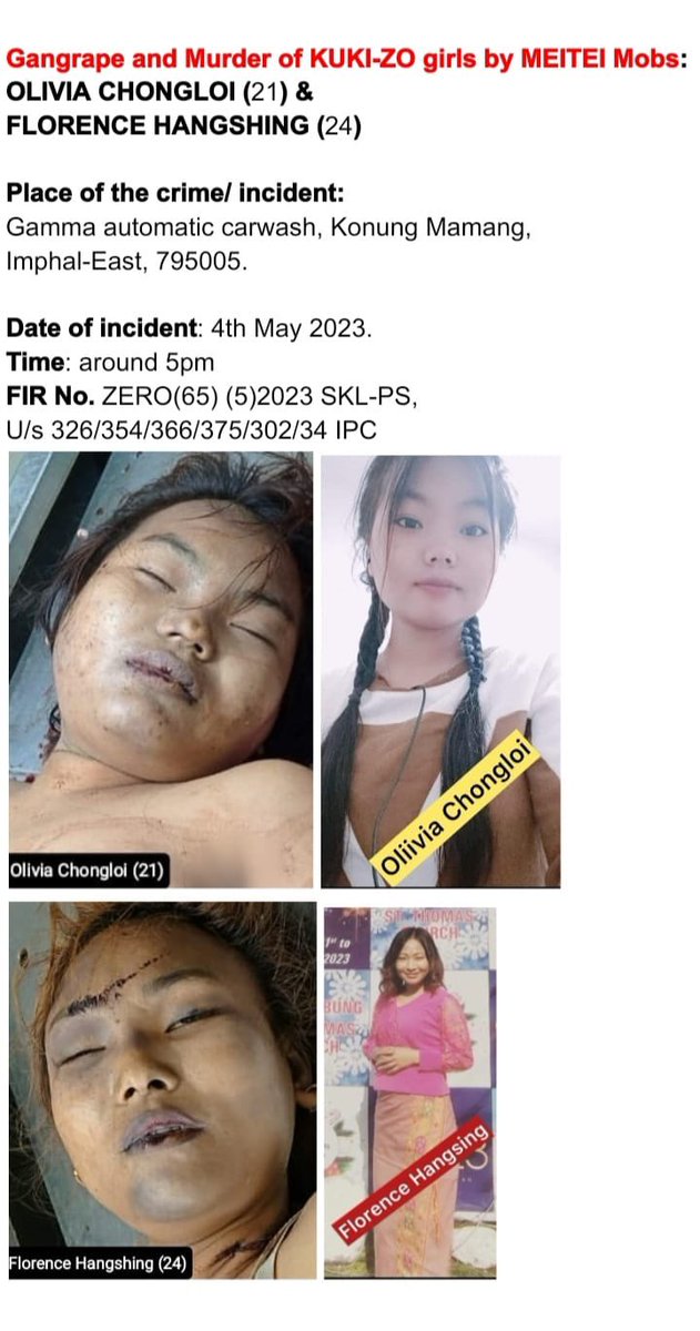 TribalHerald's tweet photo. No fake propaganda can silenced the gruesome rape and murder of Kuki-Zo women Ms Olivia Chongloi and Ms Florence Hangshing at Imphal on the 4th of May 2023. (FYI: This incident is not of the viral video where another Kuki-Zo women were paraded naked, molested and raped on 4th of May 2023.) Many such cases of atrocities on minority Kuki-Zo tribals continue unabated in #Manipur. 
#ManipurViolence
#StopAttrocitiesOnKukiZoWomen
#PresidentsRule
#SeperateAdministration
#TribalLivesMatter #KukiZoLivesMatter
@narendramodi @AmitShah @Spearcorps @ncsthq @TribalAffairsIn @UNHumanRights @official_dgar @nytimes @CNN @BBCWorld @the_hindu @thewire_in @scroll_in @ThePrintIndia @TheQuint @ttindia @IndiaTodayNE @timesofindia @TheStatesmanLtd @IndianExpress @thewire_in @Outlookindia @EastMojo @newslaundry @newsclickin @ttindia