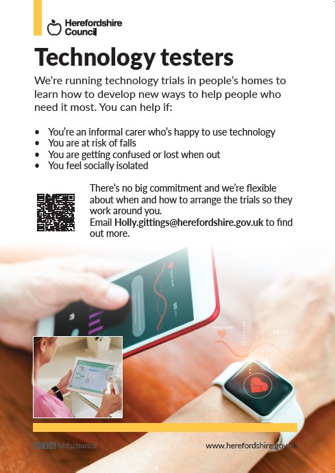 _TalkCommunity's tweet photo. @HerefordshireCouncil are running some technology trials to learn how to develop new ways to help people who need it most and are actively looking for people to get involved!
#Technologyenabledliving #Herefordshire #Wellbeing https://t.co/2BQkVIF9Gc
