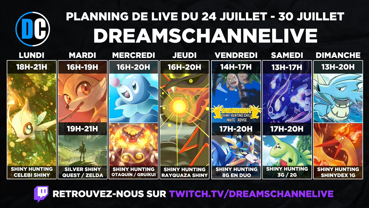 📝PLANNING TWITCH : Encore plus de Shiny ! 🌿Lundi 18h : Celebi Shiny sur Pokémon Cristal 🌟Mercredi 16h : Otaquin & Gruikui Shiny 🌴Vendredi 14h : Sunshiny avec @SlyAlvyne ⚡️Samedi 13h : Shiny Hunting 3G/2G 🔥Dimanche 13h : ShinyDex 1G => twitch.tv/dreamschanneli…