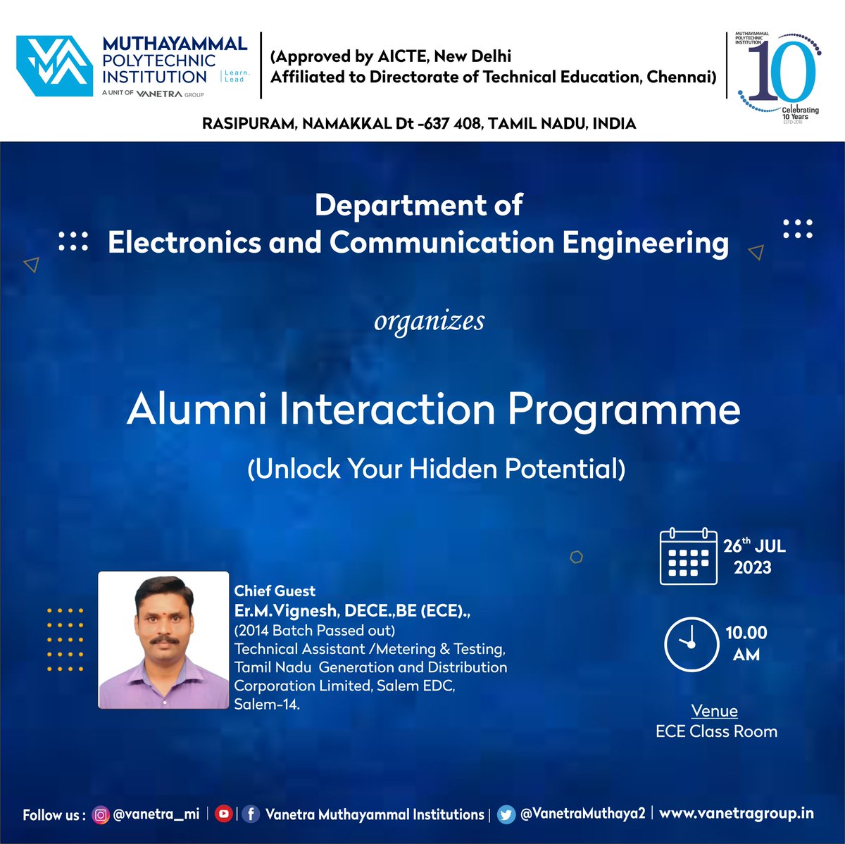VanetraMuthaya2's tweet photo. Department of Electronics and Communication Engineering of Muthayammal Polytechnic Institution organizes Alumni Interaction Programme(Unlock your Hidden Potential) on 26.07.2023.
#ECE #communication #alumni #alumniinteraction #alumniinteractions #programme #UnlockYourPotential https://t.co/gNVTkfElAd