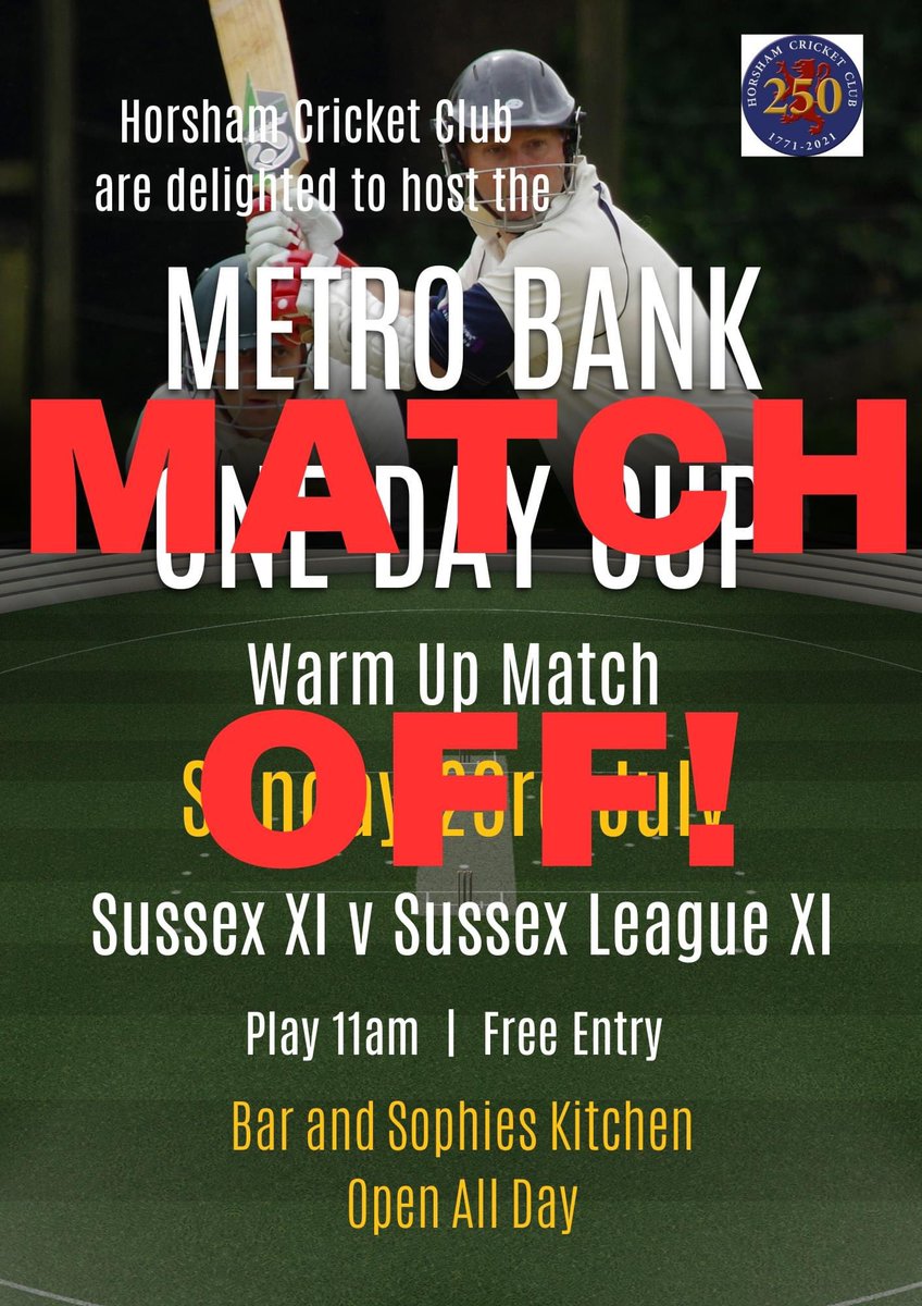 Horsham Sports Club (@horshamsports) on Twitter photo Today’s match has been called off due to heavy overnight rain. But our bar and <a href="/sophieskitchen_/">Sophie's Kitchen Sussex</a> will be open as normal. Today’s match has been called off due to heavy overnight rain. But our bar and <a href="/sophieskitchen_/">Sophie's Kitchen Sussex</a> will be open as normal.
