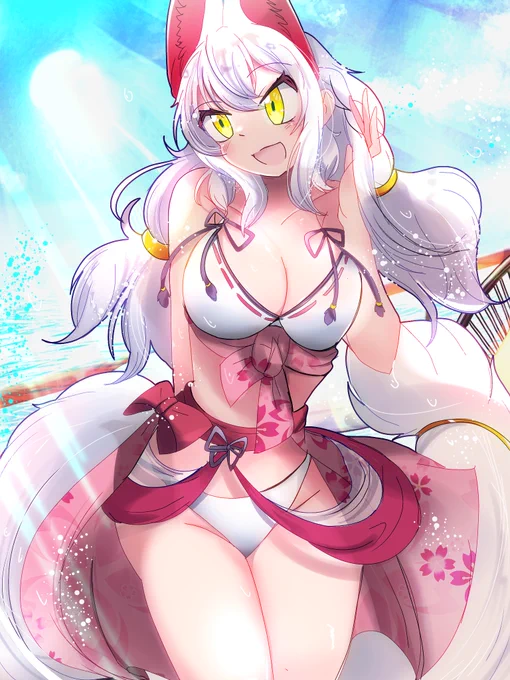 【水着オイナリサマ】 オイナリサマは和風のビキニが似合う #けものフレンズ #けもフレ