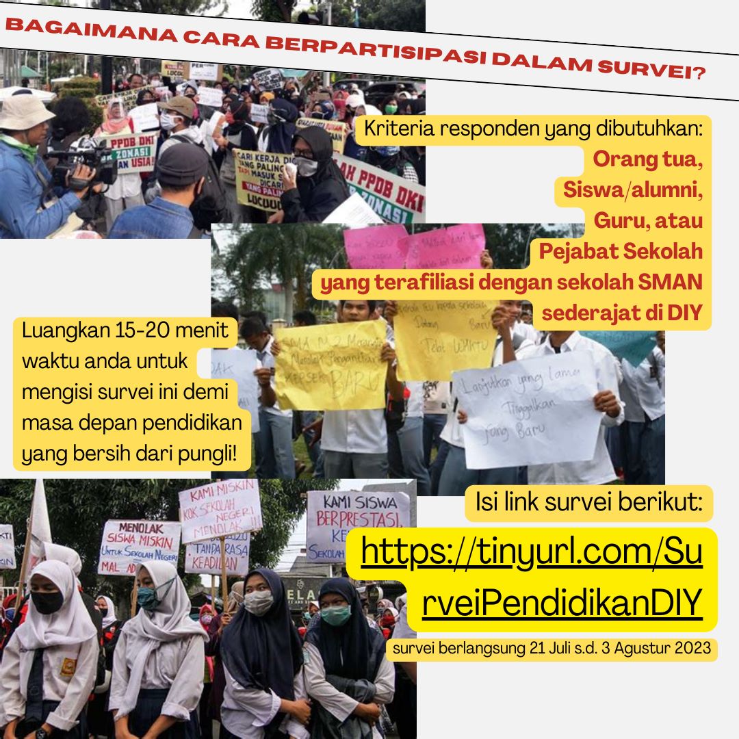 Kami membutuhkan bantuan orang tua, siswa/alumni, guru, dan pejabat sekolah untuk mengisi survei ini. Survei berlangsung mulai 21 Juli sampai 3 Agustus 2023. Sebarkan formulir survei ini untuk memperluas perjuangan mencapai keadilan dalam pendidikan.
tinyurl.com/SurveiPendidik…