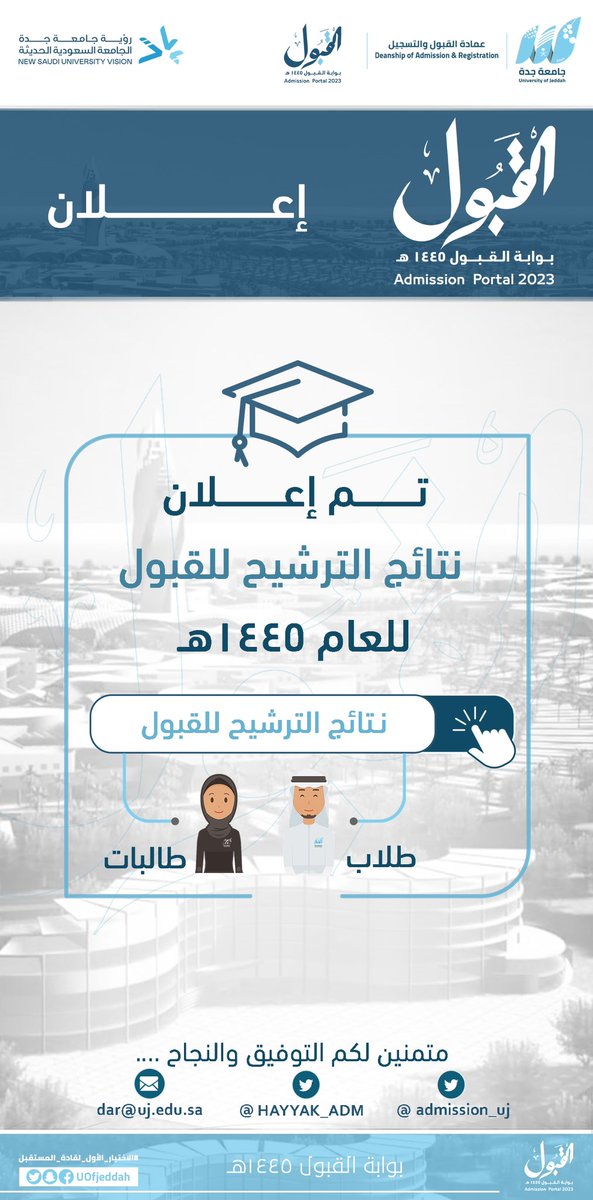 admission_uj's tweet photo. 📢تم إعلان نتائج الترشيح للقبول بجامعة جدة للعام الجامعي ١٤٤٥هـ

#الاختيار_الاول_لقادة_المستقبل https://t.co/021y5MJOEu