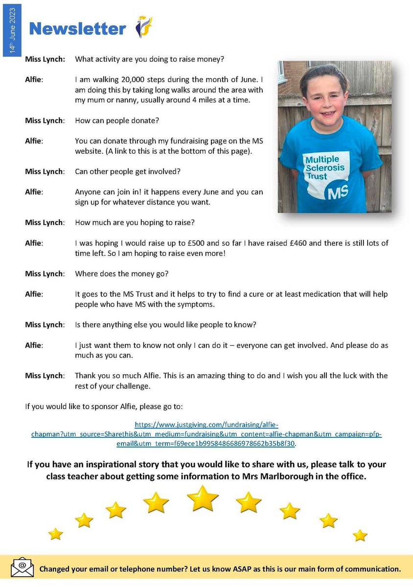GOOD NEWS UPDATE 

You will remember my spotlight interview with Alife last month when he shared that he was fundraising for the MS Trust… he has raised £778! 

Congratulations, Alfie! We are so proud of you!! 

Love,
Miss Lynch and #TeamWSM ❤️❤️