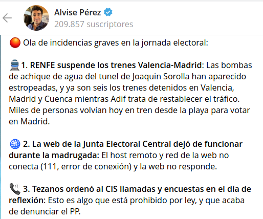anagogica's tweet photo. Elecciones, PSOE y trenes, un clásico en España...

RENFE suspende los trenes Valencia-Madrid:
Las bombas de achique de agua del tunel de Joaquin Sorolla han aparecido estropeadas y ya son 6 los trenes detenidos en Valencia, Madrid y Cuenca https://t.co/63VUM26nXB