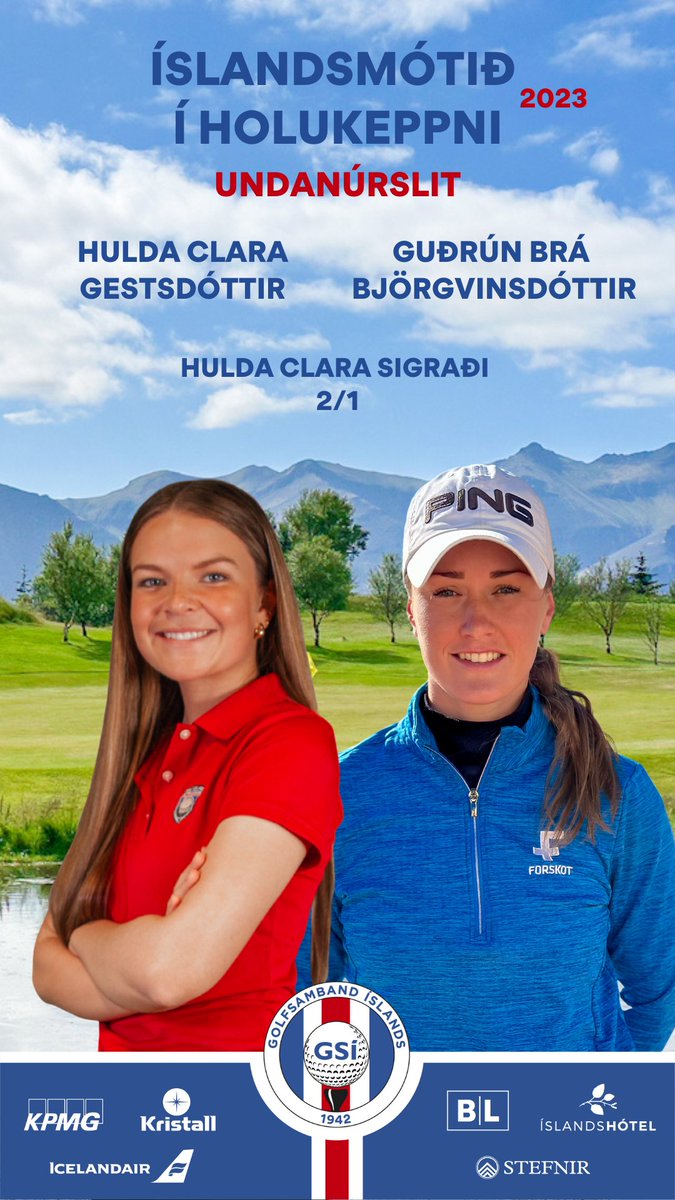 Hulda Clara Gestsdóttir, GKG, sigraði Guðrúnu Brá Björgvinsdóttur, GK 2/1 í undanúrslitum Íslandsmótsins í holukeppni 2023. Úrslitin ráðast eftir hádegi í dag. 

golf.is/islandsmotid-i…