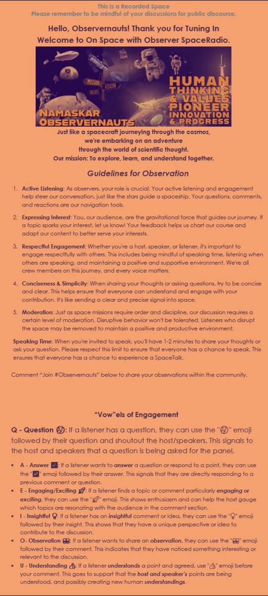 VairagyaSadhana's tweet photo. Here are the guidelines to follow in #ObserverSpaceRadio spaces.
Please do leave feedback on the guidelines so I can facilitate the conversation better next time π https://t.co/qv6QnZsEzd
