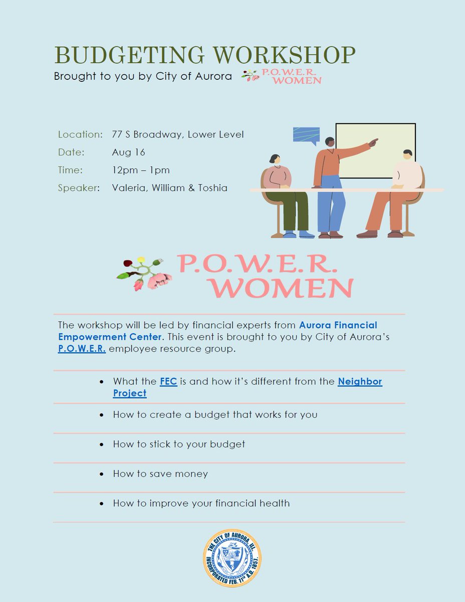 AuroraFec's tweet photo. August 16th join our team and the POWER group at City of Aurora and get helpful information and budgeting! This event is free and open to the public. #auroraillinois #cityofaurorail #aurorafec https://t.co/OVf7J1HcUl