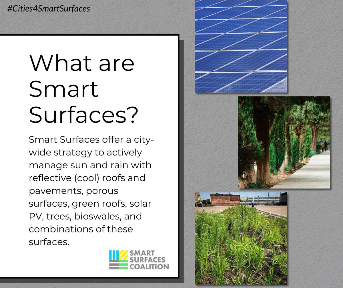 USGBC's tweet image. Green roofs. Reflective pavement. Trees. Solar PV. These are some of the #SmartSurfaces, an integrated solution that major cities are building to reduce urban heat, improve public health &amp;amp; save money. Will your city join #Cities4SmartSurfaces?   bit.ly/43GBXK9