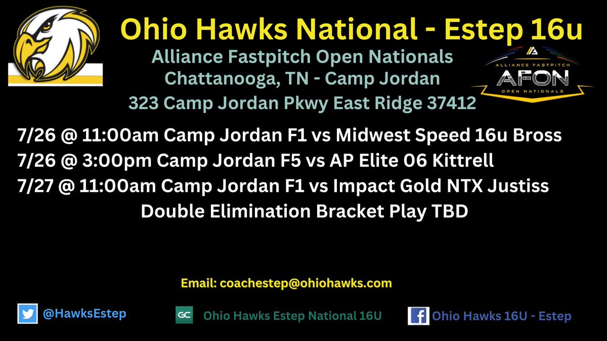 Ohio Hawks - Smith 24/25 (@ohiohawkssmith) on Twitter photo The Ohio Hawks Estep last tournament of the summer will be back in Chattanooga for <a href="/AllianceOpenNat/">Alliance Fastpitch Open Nationals</a> Schedule below...🦅💪 The Ohio Hawks Estep last tournament of the summer will be back in Chattanooga for <a href="/AllianceOpenNat/">Alliance Fastpitch Open Nationals</a> Schedule below...🦅💪