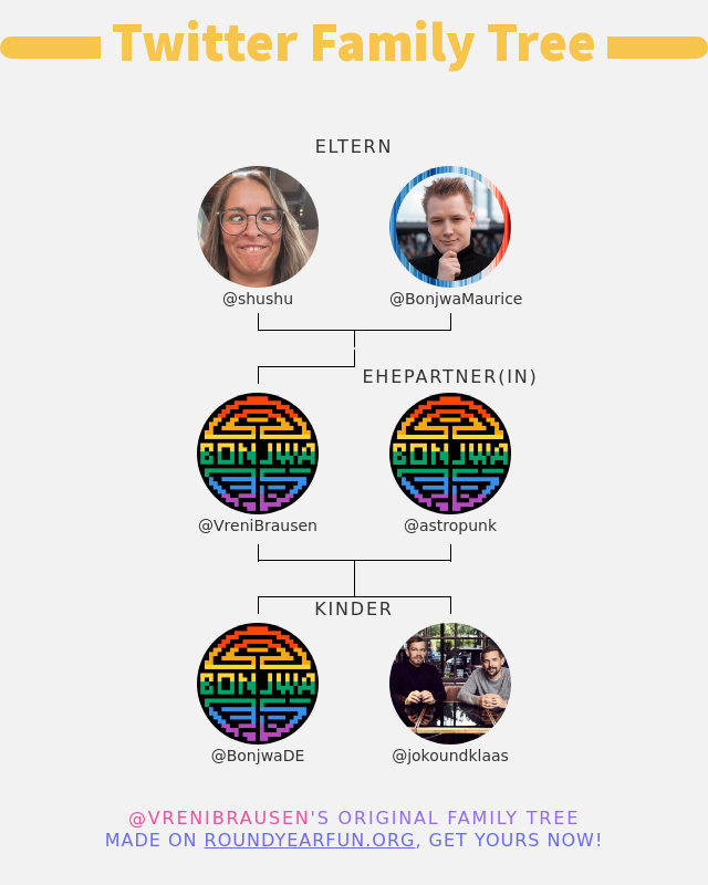 👨‍👩‍👧‍👦 meine Twitter-Familie:
👫 Eltern: <a href="/shushu/">shushu</a> @BonjwaMaurice
👰 Ehepartner(in): <a href="/astropunk/">astropunk .⋆˚☆˖°</a>
👶 Kinder: <a href="/BonjwaDE/">Bonjwa</a> <a href="/jokoundklaas/">Joko & Klaas</a>

➡️ twitterfun.games/twitterfamily?…