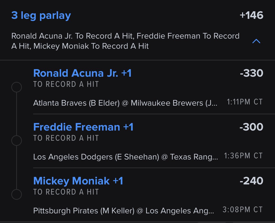 PropHunter_'s tweet photo. Collab with @TheRealGGTB 🎒

⚾️ 3 Leg Hit Parlay ⚾️
 
#ForTheA Acuña ⬇️
•1 hit in 16/L20
•batting .363 vs LHP

#Heretoplay Freeman ⬇️
•1 hit in 16/L20
•batting .750 (3/4) vs Perez

#GoHalos Moniak ⬇️
•14 game hit streak
•batting .364 vs RHP

#GamblingTwitter #MLBTwitter https://t.co/meQt6S1i2C