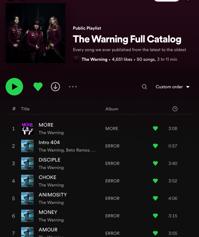 TheWarningAust's tweet photo. Listen to @TheWarningBand2's full catalogue of music on @Spotify! π§
Share with friends and new listeners!
π https://t.co/DH9eoQASYp π
#ERROR #Spotify #TheWarning #TheWarningBand #TheWarningError #TheWarningAnimosity #rockband #SpotifyPlaylist #Music https://t.co/qt0V2vnn6P