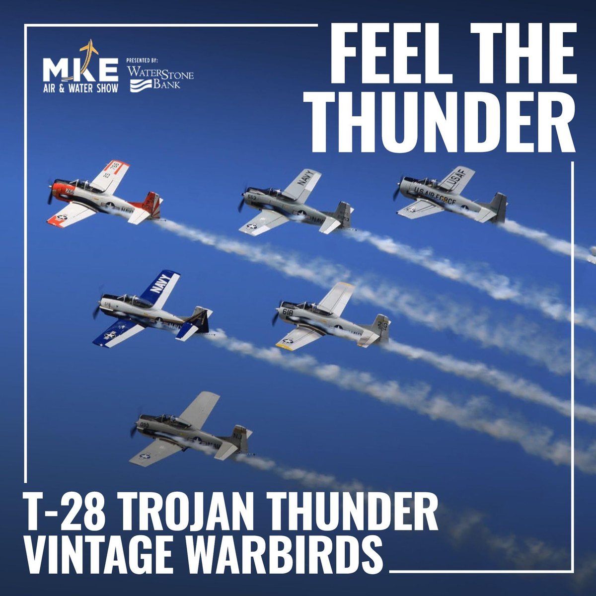 The Trojan Thunder Four-ship has been honored to be a part of the 2023 <a href="/MKEAirandWater/">WaterStone Bank Air & Water Show</a> Show! 

📸 Milwaukee Air &amp; Water Show

#t28trojan #warbirds #airshow