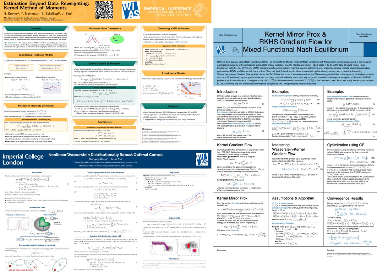 I'll be at #ICML2023!

KMM: causal learning in kernel geometry
icml.cc/virtual/2023/p…

Invited talk DP4ML workshop, gradient flow &amp; robust learning
dp4ml.github.io

Wasserstein nonlinear control
openreview.net/forum?id=4ZhPz…

Kernel mirror descent &amp; DRO
openreview.net/forum?id=4ZhPz…