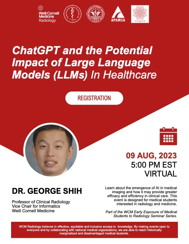 Join Dr. George Shih with Cornell Radiology to learn about the potential impacts of ChatGPT in healthcare on August 9th at 5pm EST. Register here: buff.ly/3DeKsBH #chatGPT #AI #impact #healthcare #medicine #cornell #APAMSA