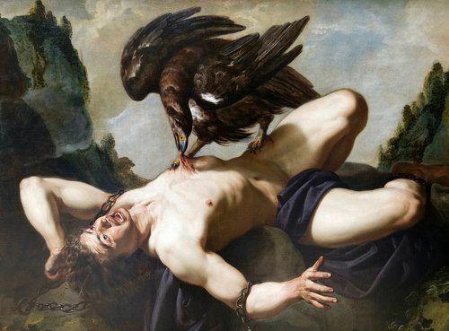 Prometheus insanlar uğruna Zeus tarafından çok ağır cezalandırıldı onu çok uzaklarda bir kaleyi zincirleri ve üzerine bir kartalı saldı kartal her gün Prometheusun karaciğerinden bir parça kopardı ve her defasında karaciğeri yenilendikçe bu işkence devam etti. Zeus onu asla
