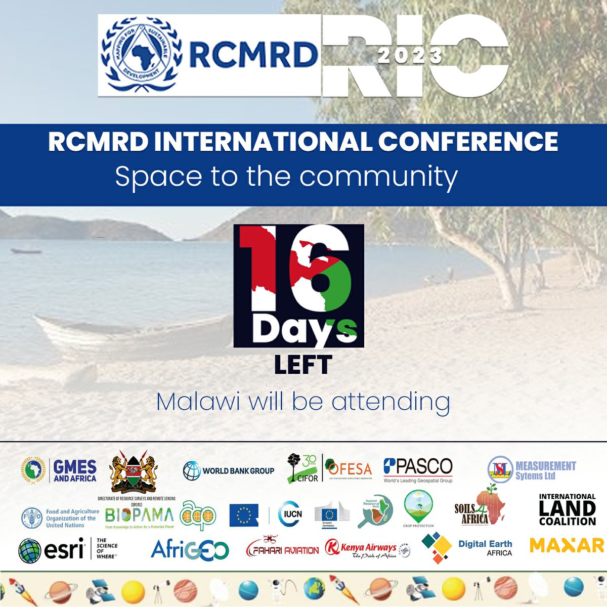 ⌛️It is 1⃣6⃣ days to #RIC2023.  Join us from 8-10th August as we discuss:  
🌽Agriculture &amp; Food Security  
🐟Biodiversity Conservation &amp; Blue Economy  
🏞️Land Management, Policy &amp; Development
🛰️Innovations &amp; Data 
🎟️Register and attend for free. ➡️ric2023.rcmrd.org