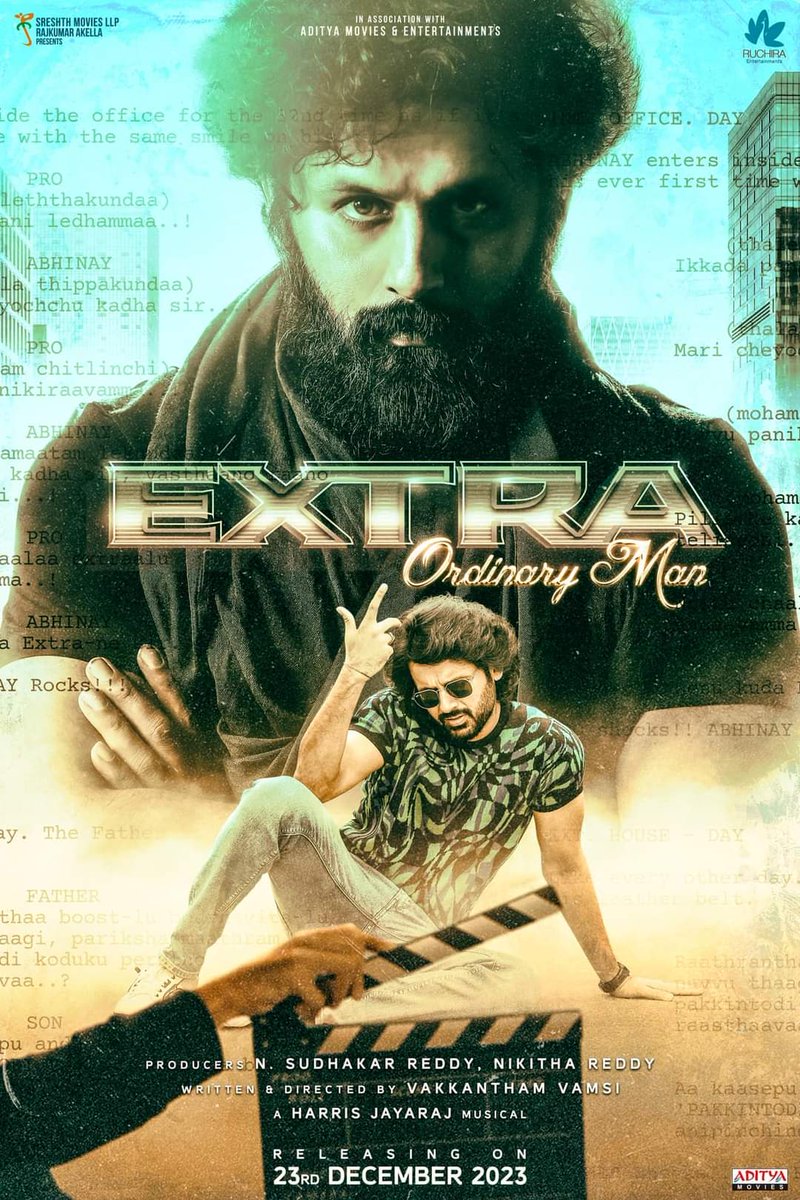 #Nithiin32 gets a title: #Extra… The producers have also announced the release date with #FirstLook poster: 23 Dec 2023 #Christmas2023.

Starring @actor_nithiin & @sreeleela14 the #Telugu movie is being helmed by writer-turned-director #VakkanthamVamsi… Filming is 60% complete.