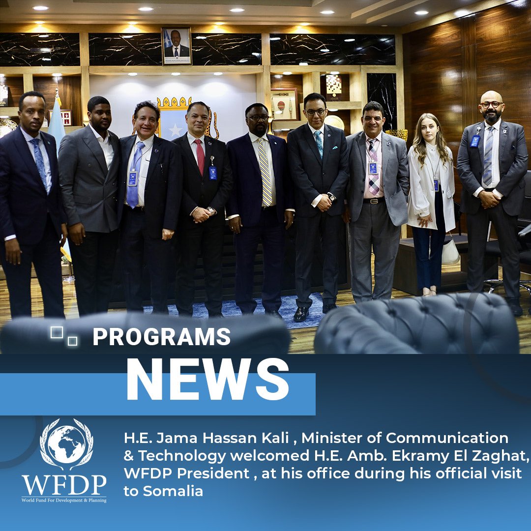 During WFDP official visit to #Somalia, H.E. <a href="/JamaHKhalif/">Amb: Jama Hassan Khalif</a>  , Minister of <a href="/MoCTSomalia/">Ministry of Communications & Technology (MoCT)</a> , had a meeting with H.E. Amb. <a href="/Ekramy_Elzaghat/">Ekramy El Zaghat</a> , WFDP President, and his accompanying delegation, they discussed the opportunities for cooperation in the fields of communication.