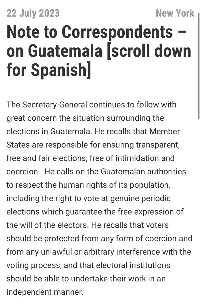 Sólido comunicado del Secretario General de Naciones Unidas <a href="/antonioguterres/">António Guterres</a> sobre Guatemala. 

La preocupación de la comunidad internacional ya es generalizada. 

El puñado de corruptos que se quieren robar las elecciones están aislando a Guatemala.