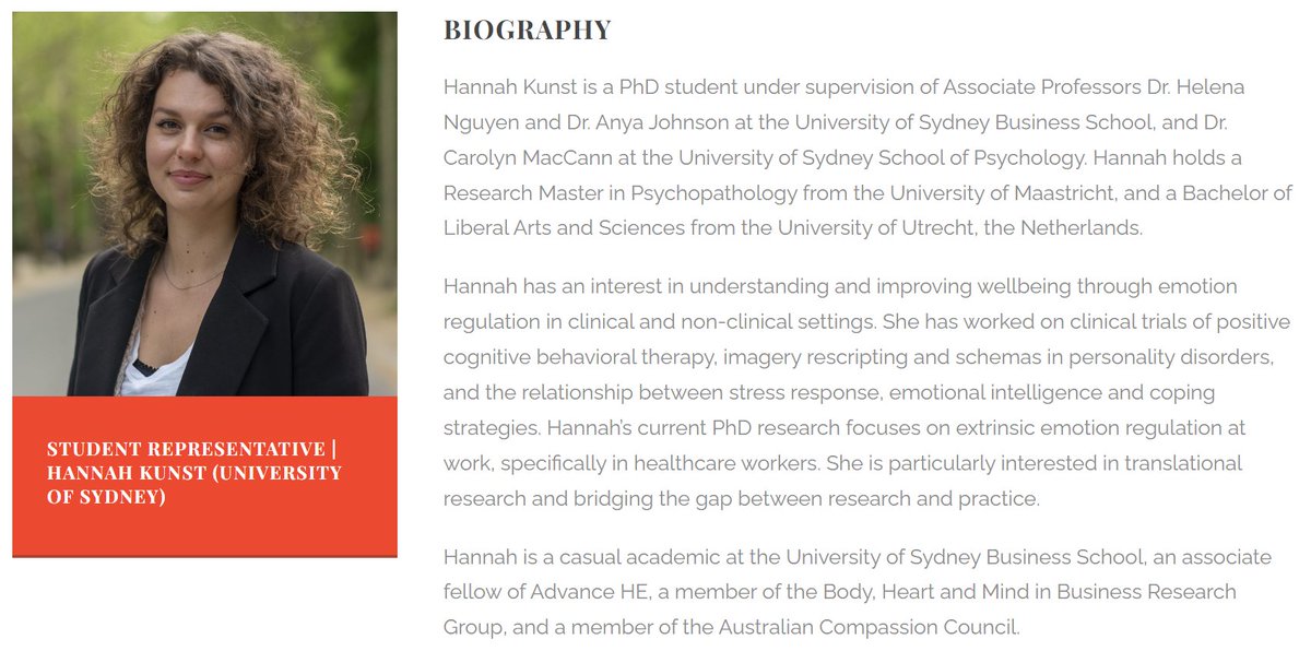 ACPID (@acpidcongress) on Twitter photo Meet <a href="/KunstHannah/">HannahKunst</a> Student Representative for ACPID.
Hannah is a post-doctural researcher in the Body, Heart and Mind Research Group @BodyHeartMind0 & sessional academic at the University of Sydney <a href="/sydney_business/">The University of Sydney Business School</a>. Her work examines extrinsic emotion regulation in the workplace. Meet <a href="/KunstHannah/">HannahKunst</a> Student Representative for ACPID.
Hannah is a post-doctural researcher in the Body, Heart and Mind Research Group @BodyHeartMind0 & sessional academic at the University of Sydney <a href="/sydney_business/">The University of Sydney Business School</a>. Her work examines extrinsic emotion regulation in the workplace.