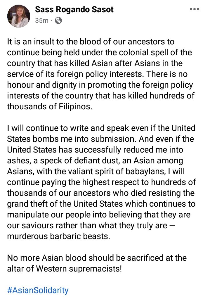 Bago tayo maging pro US, lingunin muna natin ang kasaysayan. Kung paano kinawawa at ginago ng mga kano ang ating bansa at ang ating mga ninuno.
#AsianSolidarity