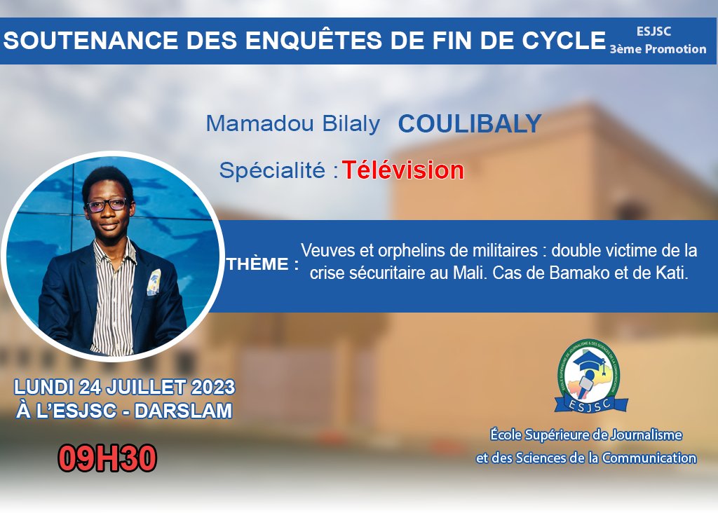 DiteKebe's tweet photo. Début de soutenances des grandes enquêtes de fin de cycle de la 3ème promotion de l'#ESJSC. Les premiers à la barre  ce lundi. 
Bonne chance les gars
@mamadou_bilaly   @Alassan37 @ywxcyu https://t.co/9cDoL1lUUU